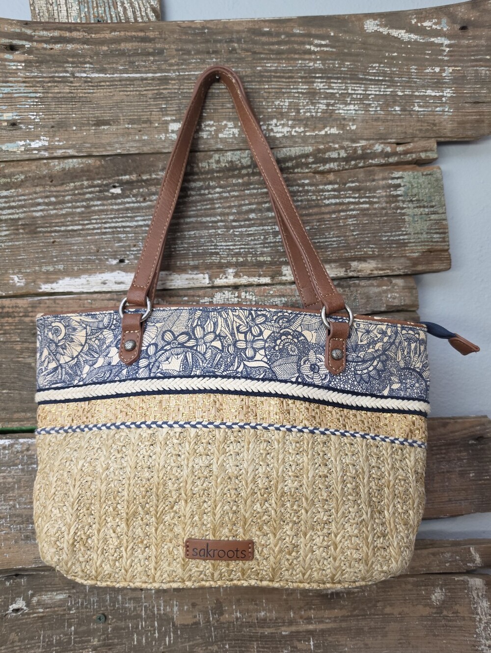 Sakroots Natural Straw Tote with Blue Floral Trim and Brown Handles